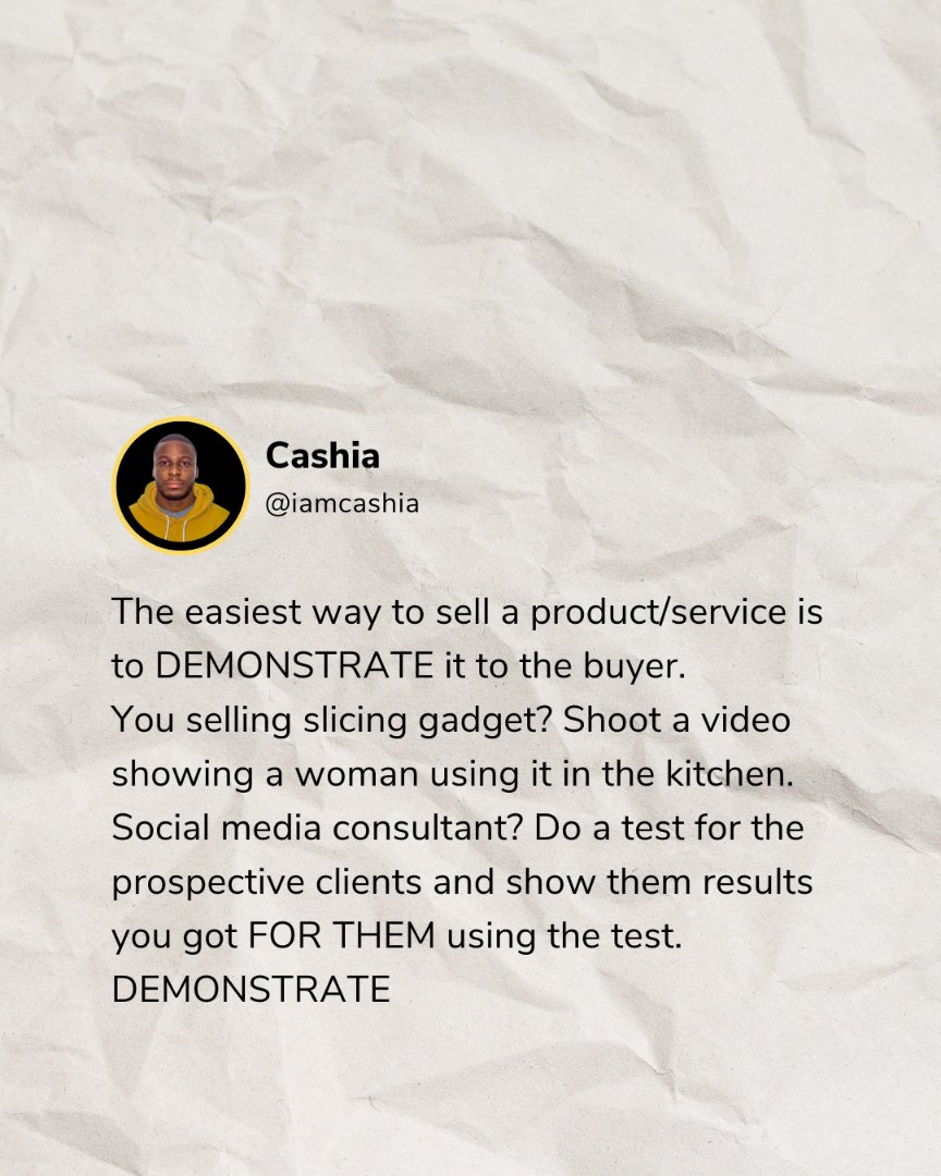 iamcashia's tweet image. Ditch the boring sales pitch and SHOW them why they need your product/service!

Selling a fancy slicer? Film it in action, dicing veggies like a dream. 
People are visual. Demonstrate the value you bring and watch those sales soar! #DemoDontTell #ShowTheResults #VisualSelling