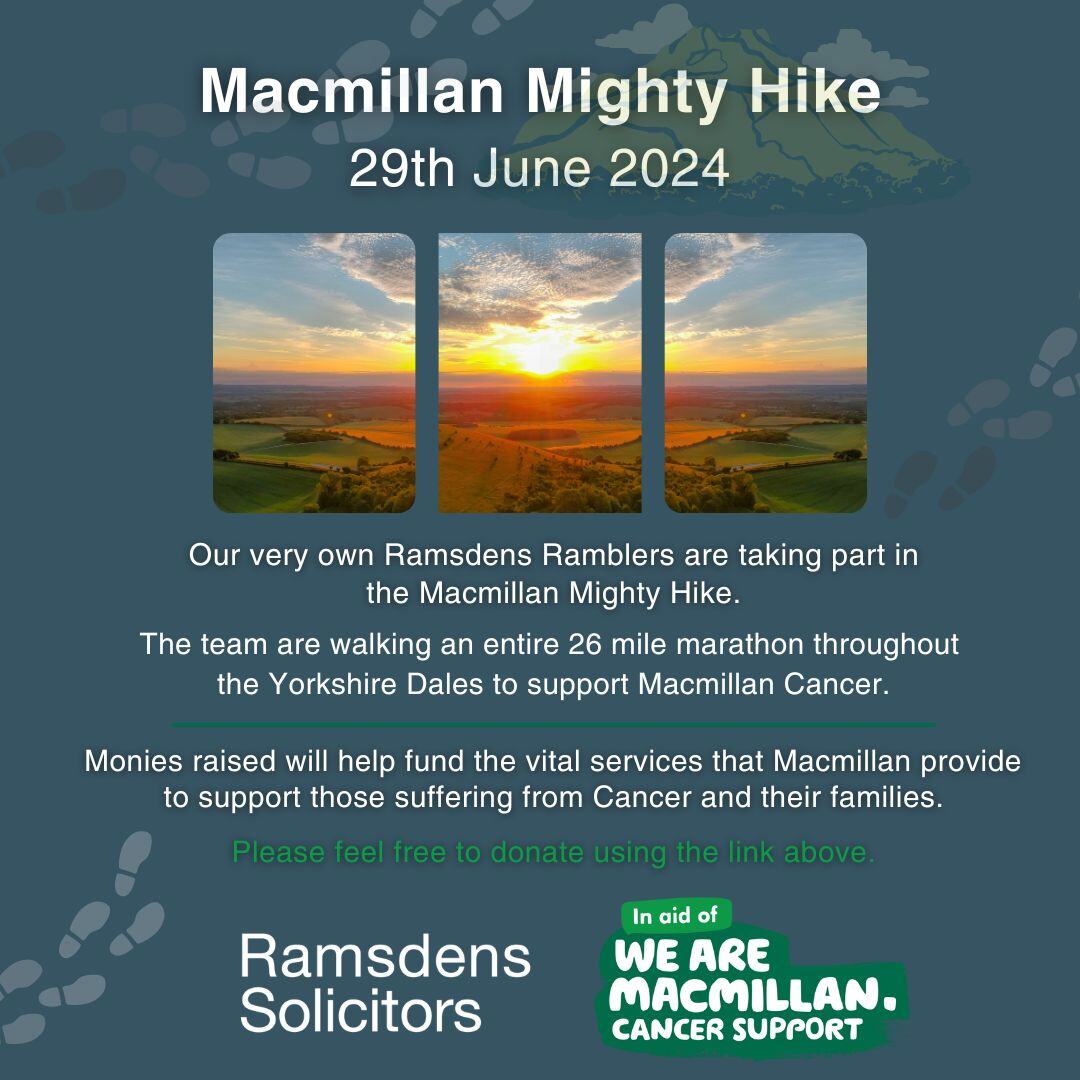 Ramsdens Solicitors LLP (@ramsdensllp) on Twitter photo Our team tackle the Macmillan Mighty Hike in aid of <a href="/macmillancancer/">Macmillan Cancer Support</a> TOMORROW! ๐ถโโ๏ธ ๐ถโโ๏ธ
Team Ramsdens will be walking a 26 mile marathon, throughout the Yorkshire Dales to support this life changing charity โฐ๏ธ๐ฃ
Please donate here - bit.ly/3WcdgoN
#MacmillanMightyHike Our team tackle the Macmillan Mighty Hike in aid of <a href="/macmillancancer/">Macmillan Cancer Support</a> TOMORROW! ๐ถโโ๏ธ ๐ถโโ๏ธ
Team Ramsdens will be walking a 26 mile marathon, throughout the Yorkshire Dales to support this life changing charity โฐ๏ธ๐ฃ
Please donate here - bit.ly/3WcdgoN
#MacmillanMightyHike