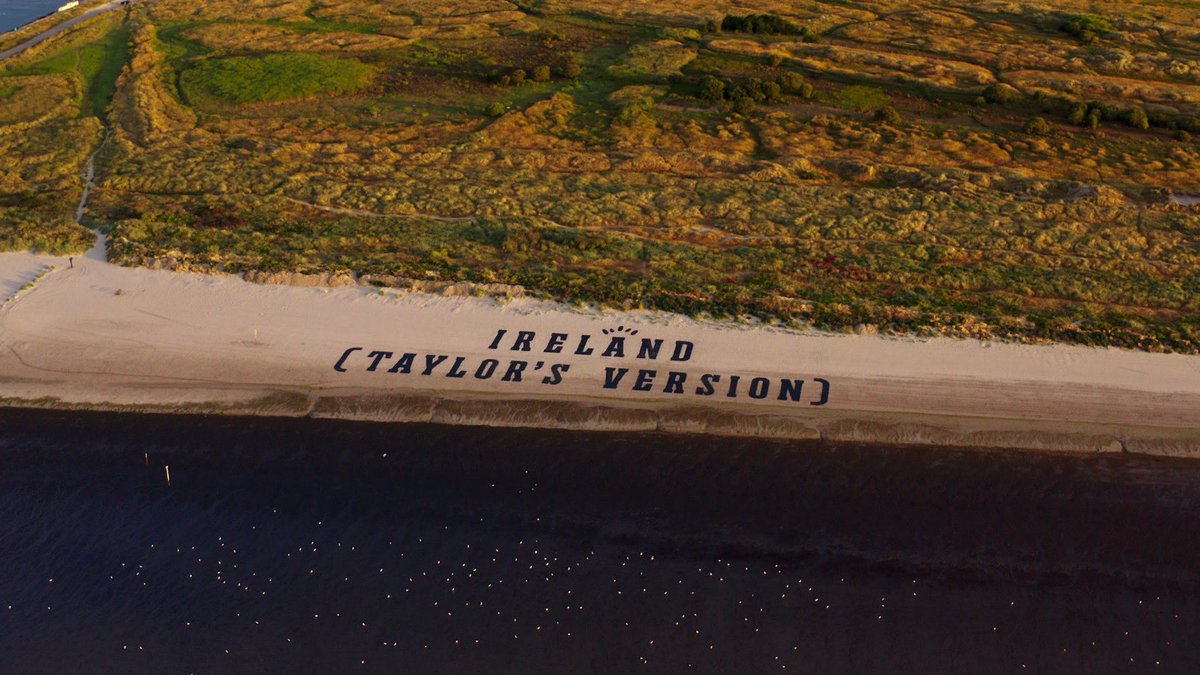 PopCrave's tweet photo. A 100 metre ‘Ireland (Taylor’s Version)’ sign has been created on a Dublin beach ahead of her ‘Eras Tour’ shows in the city. https://t.co/Eqad8HGNwG