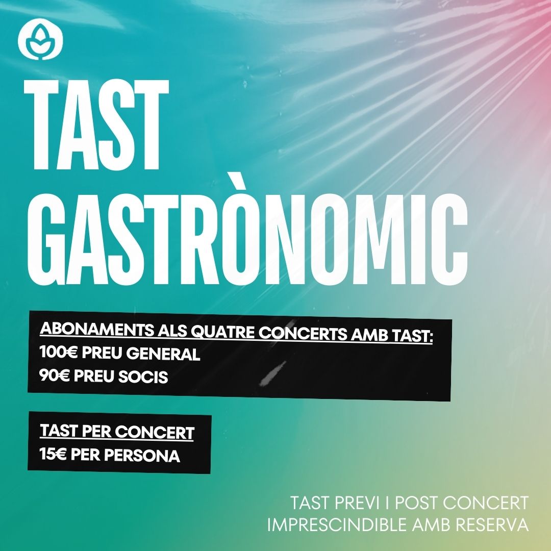 🍽️ Tast Gastronòmic🍽️🎵

Viu una experiència única al Festival de l'Alta Segarra! Abans i després de gaudir de la millor música en directe.

➡️ Abonaments als quatre concerts amb tast inclòs:
100€ preu general
90€ preu socis

➡️ Preu del tast per concert:
15€ per persona