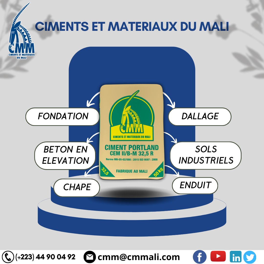 Ciments et Matériaux du Mali (CMM SA), la référence pour tout vos travaux et besoins de ciment de qualité au Mali. 
#CimentsEtMatériauxDuMali #CMM #Cimenterie #construction #travaux