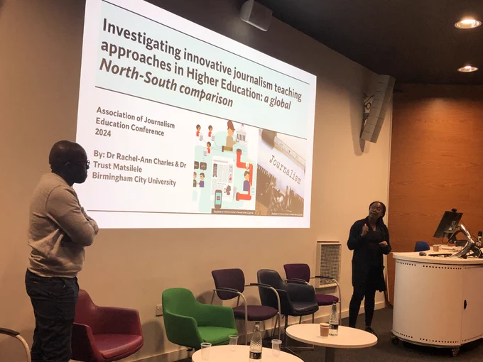 Pictured is Trust Matsilele and Rachel-Ann Charles speaking at the AJE Conference 2024.