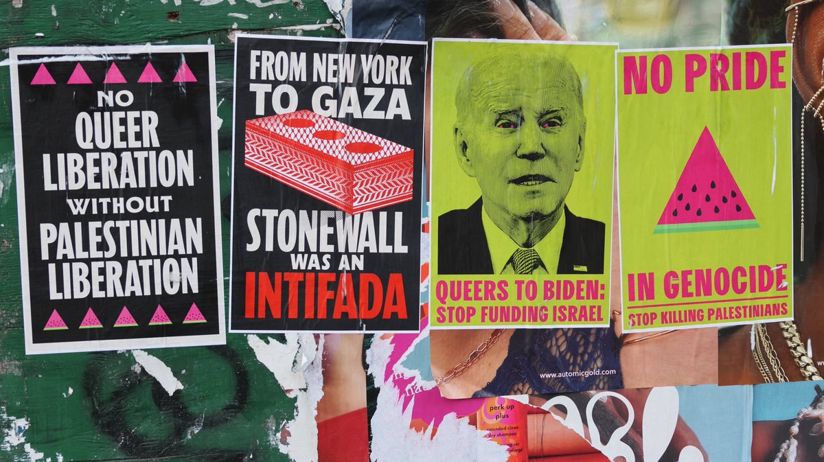 actupny's tweet image. BREAKING: On the morning of the Stonewall Monument’s Grand Opening, where Biden is set to speak, Queer and Trans New Yorkers dropped two banners across from the historic St. Vincents Hospital. “QUEERS TO BIDEN: STOP ARMING ISRAEL”. “FROM NYC TO GAZA, STONEWALL WAS AN INTIFADA”.