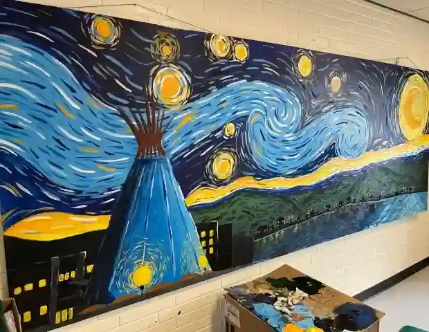 SLangeneggerCBC's tweet photo. A student at Bert Fox Community School stepped up to create this Starry Night in the valley for the graduating class this year https://t.co/Y3cpVtTXPb https://t.co/TEJXApdCr8
