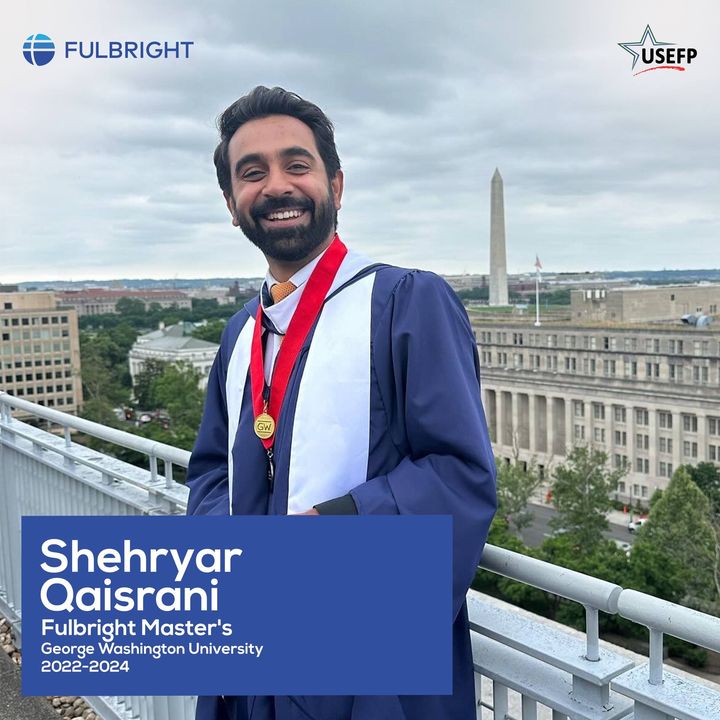 USEFP's tweet photo. Shehryar Qaisrani graduated from George Washington University with a Master's in International Development Studies and a specialization in Digital Trade.
 
✨Congratulations! We are so proud of you and look forward to your next chapter!
#USEFP #Fulbright #USPAK #GraduationDiaries https://t.co/Xn69mcARJs