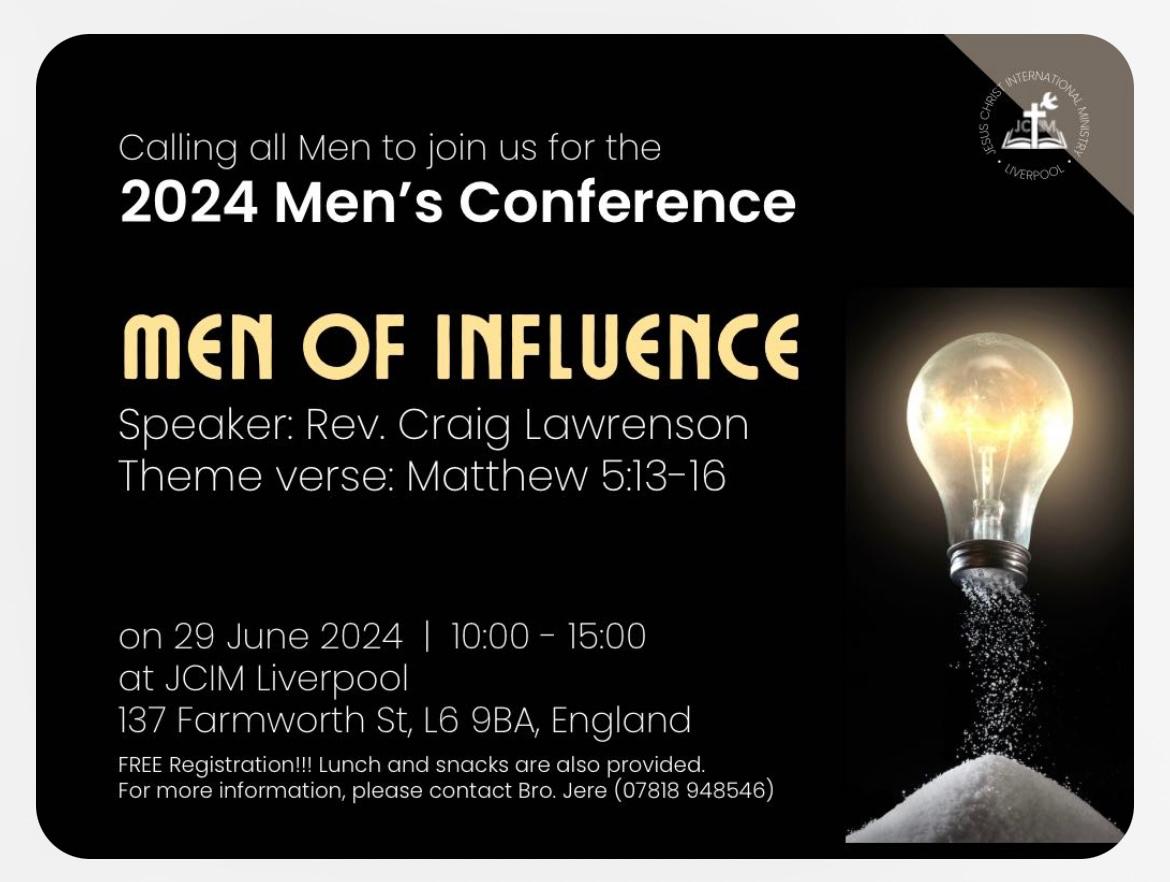 Togetherfortheharvest (@tfhliverpool) on Twitter photo 𝙏𝙤𝙢𝙤𝙧𝙧𝙤𝙬!
<a href="/JCIM_Unity/">JCIM Liverpool</a> are hosting a Men's Conference tomorrow, 29th June at 10am-3pm.
We are excited that TFH borough lead and board member, Craig Lawrenson will be speaking and sharing a message based on Matthew 5:13-16.
For more info, contact Jere on the number below. 𝙏𝙤𝙢𝙤𝙧𝙧𝙤𝙬!
<a href="/JCIM_Unity/">JCIM Liverpool</a> are hosting a Men's Conference tomorrow, 29th June at 10am-3pm.
We are excited that TFH borough lead and board member, Craig Lawrenson will be speaking and sharing a message based on Matthew 5:13-16.
For more info, contact Jere on the number below.