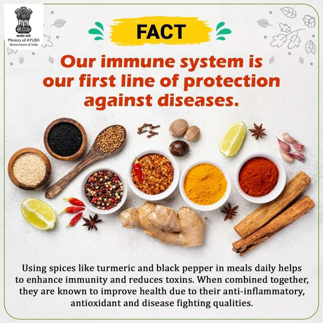 IndiainNorway's tweet photo. Boost your immune system with the powerful combination of immunity-boosting spices like turmeric and black pepper. Piperine in pepper enhances curcumin absorption from turmeric. #AyushforImmunity #Ayushforlife #Immunityforall https://t.co/AJu1LPgUlV