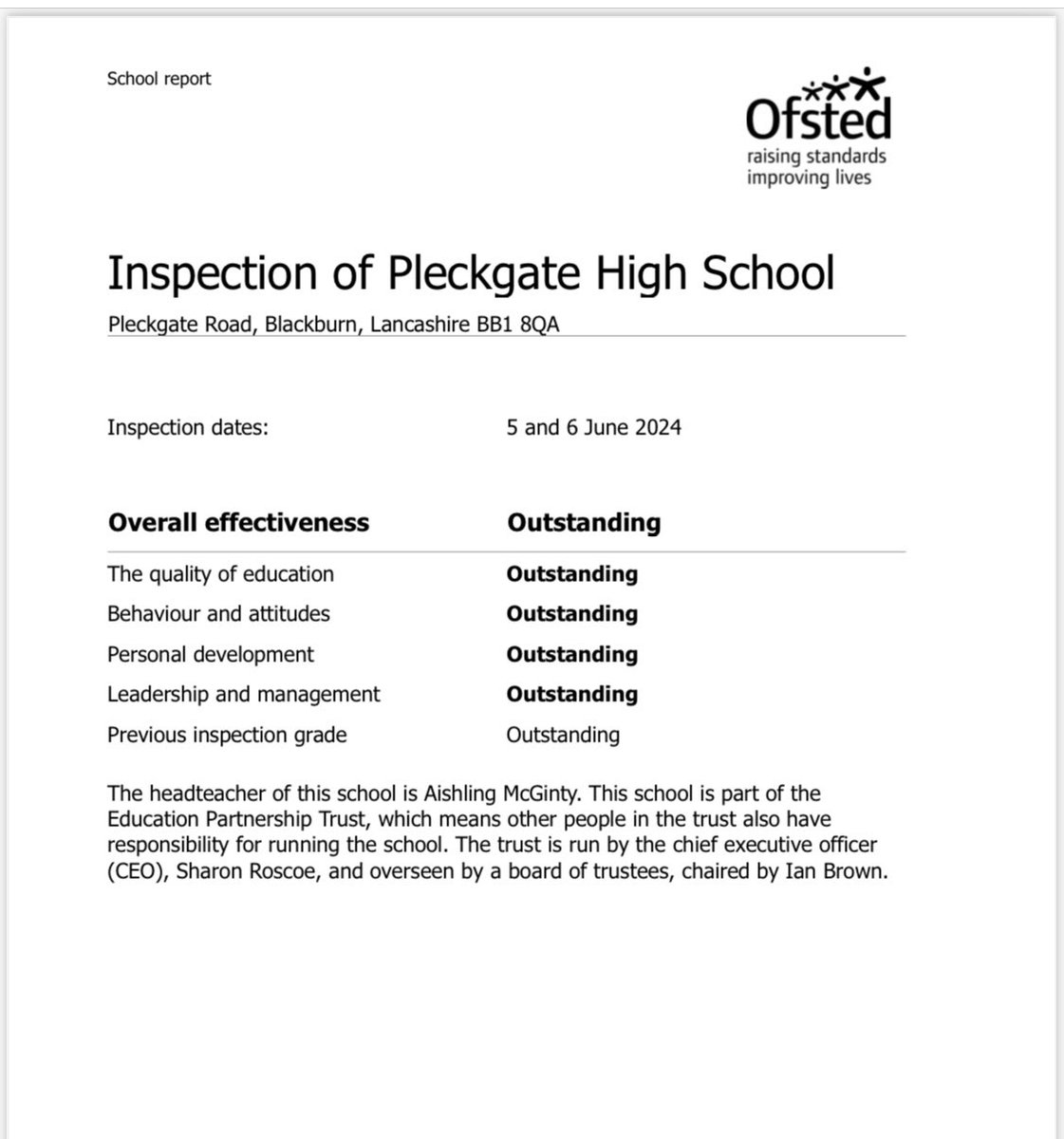 🥳  We are absolutely delighted to be rated an ‘OUTSTANDING’ school again by <a href="/Ofstednews/">Ofsted</a> 

Read our full report ⬇️

pleckgate.com/ofsted/