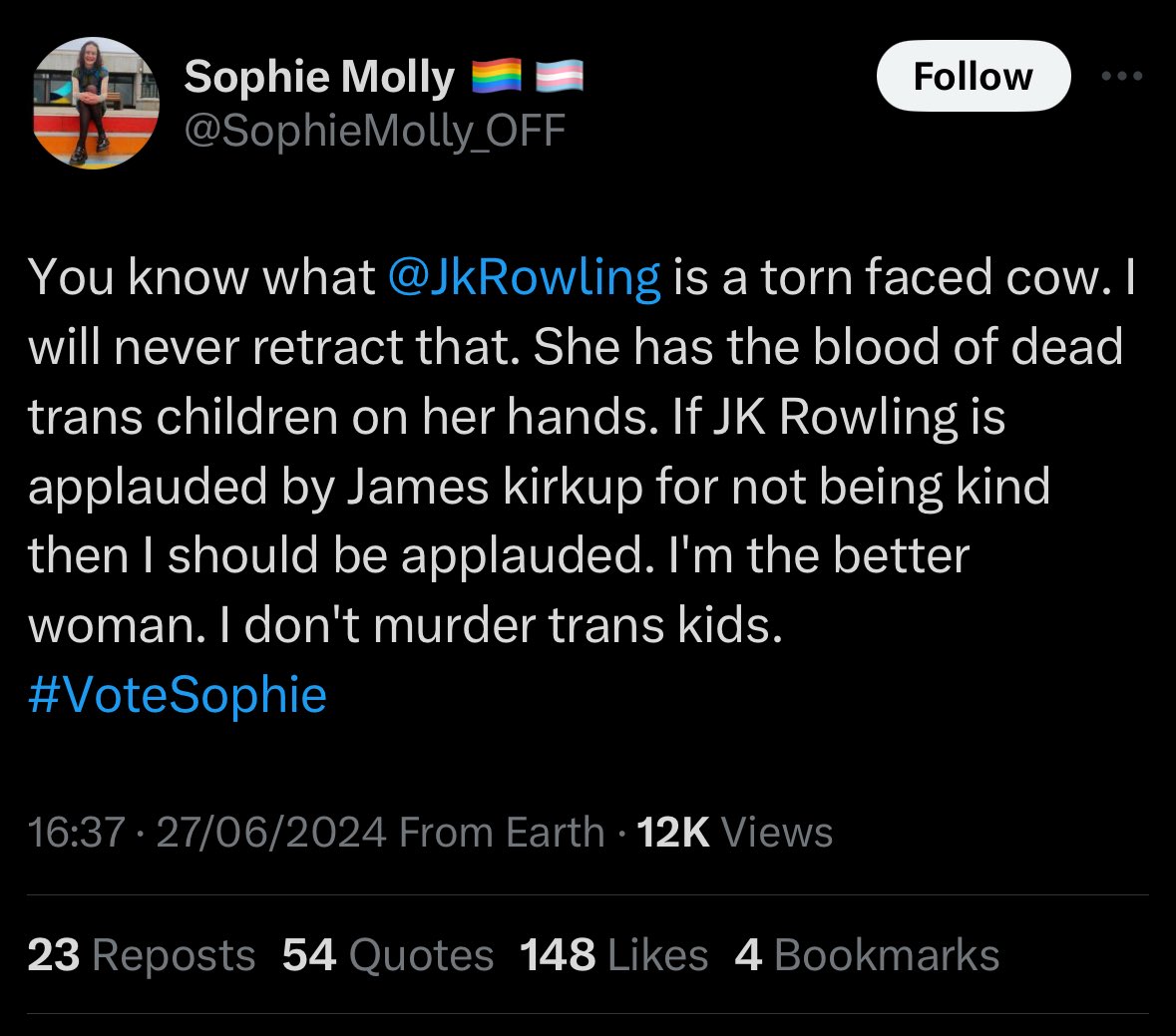 jk_rowling's tweet photo. .@SophieMolly_OFF Remember how the Greens dropped because you sent me this kind of rubbish? And you know falsely claiming people have committed murder is about as actionable as it gets? I’m asking because nobody close to you seems to realise the time for an intervention has come. https://t.co/Q2ad1oEepl