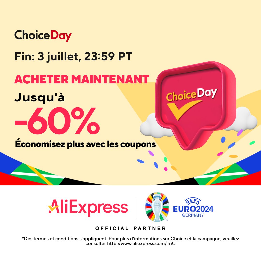 Faites vos achats lors Choice Day d'#AliExpress du ⏰ 30 juin au 3 juillet 🛍️ Économisez jusqu'à 60% avec des coupons ! 🎁 #achetezmalindépensezmoins #WinWithAliexpress #ChoiceDay