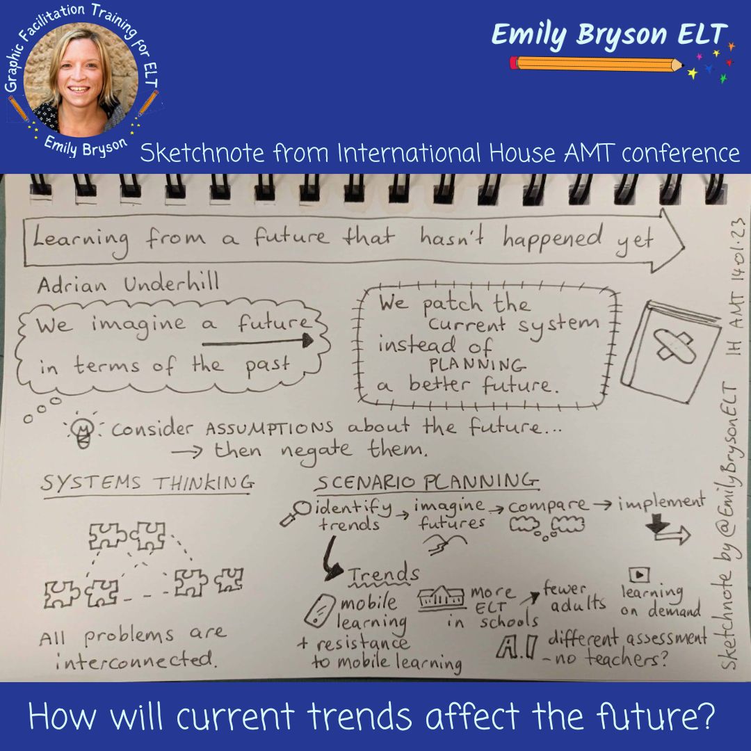 The legend that is Adrian Underhill shared ways to plan for the future <a href="/IHLondon/">IH London</a>.

How do you plan for the future? And what current trends do you think might influence out future?

More ELT sketchnotes: emilybrysonelt.com/sketchnoting/

#TESOL #TEFL #ESOL #sketchnotes <a href="/IHWorld/">International House</a> <a href="/ihspain/">International House España</a>