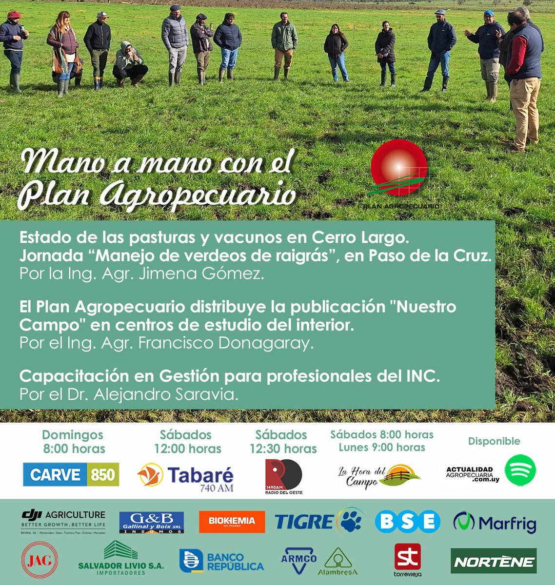 ¡Este fin de semana! en 📻Mano a Mano con el Plan 

✔️Estado #pasturas #vacunos📌Cerro Largo
🎙️<a href="/JCerrolargo/">Jimena Gómez</a>

✔️Publicación "Nuestro Campo" <a href="/MEC_Uruguay/">Ministerio de Educación y Cultura</a> <a href="/educacion_mec/">Educación MEC</a>
🎙️@Ingfrandona

✔️Capacitación #Gestión #INC
🎙️Dr. A. Saravia 

¡Te esperamos!