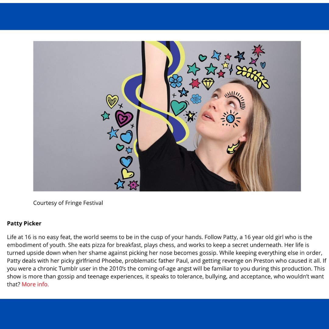 One Four One Collective (@onefouroneco) on Twitter photo BIG thank you to <a href="/shedoesthecity/">She Does The City</a> for including PATTY PICKER as one of the 10 MUST SEE SHOWS of the @toronto_fringe 🥰 🥲
🎟️ Get your tix today before its too late buff.ly/3xMJVHP
#FringeTO #PattyPicker #TheaTO #TorontoFringe BIG thank you to <a href="/shedoesthecity/">She Does The City</a> for including PATTY PICKER as one of the 10 MUST SEE SHOWS of the @toronto_fringe 🥰 🥲
🎟️ Get your tix today before its too late buff.ly/3xMJVHP
#FringeTO #PattyPicker #TheaTO #TorontoFringe