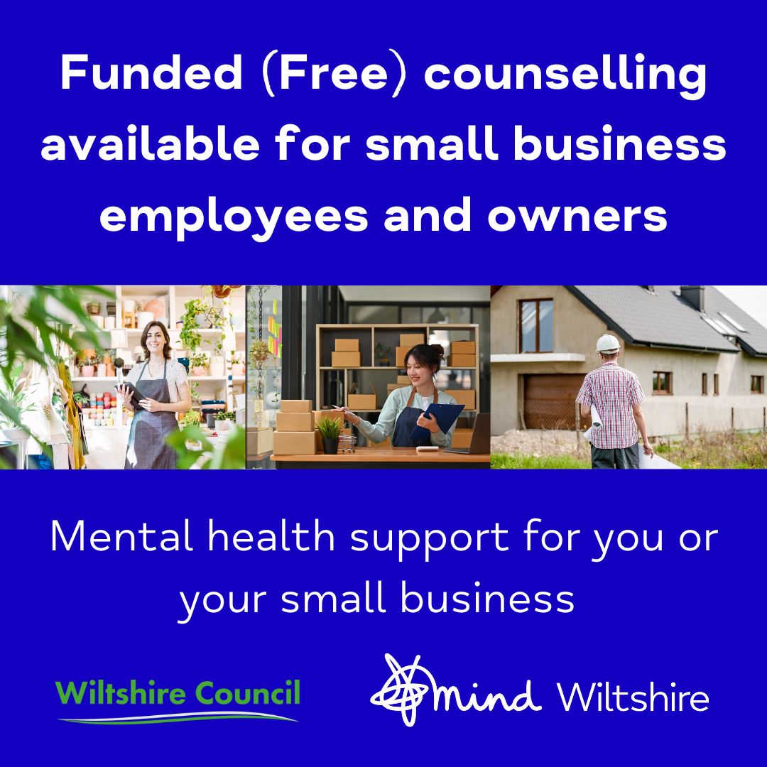 New Pilot offering free #mentalhealth Counselling to Small Business Owners and Employees in Wiltshire. If you are interested, check out our website wiltshiremind.co.uk/counselling-fo…