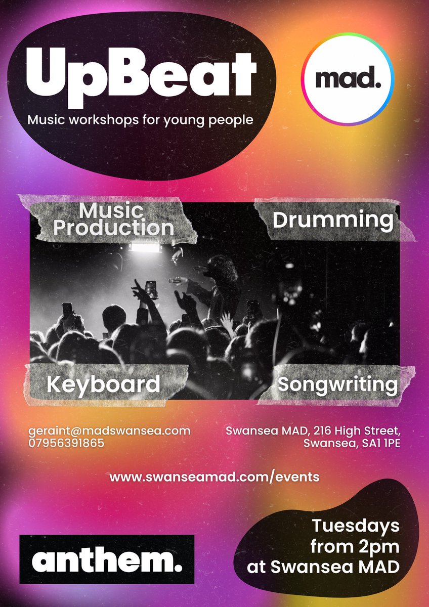 Swansea MAD (@swanseamad) on Twitter photo Thank you <a href="/Anthem_Cymru/">Anthem</a> for supporting young people’s music at Swansea MAD!
Join us on Tuesday afternoons from 2pm for music production, drumming, keyboard, songwriting & more! No previous experience required!
@youthmusic
@youthmusicnet
<a href="/WelshGovernment/">Welsh Government</a>
<a href="/PostcodeLottery/">Postcode Lottery</a> Thank you <a href="/Anthem_Cymru/">Anthem</a> for supporting young people’s music at Swansea MAD!
Join us on Tuesday afternoons from 2pm for music production, drumming, keyboard, songwriting & more! No previous experience required!
@youthmusic
@youthmusicnet
<a href="/WelshGovernment/">Welsh Government</a>
<a href="/PostcodeLottery/">Postcode Lottery</a>
