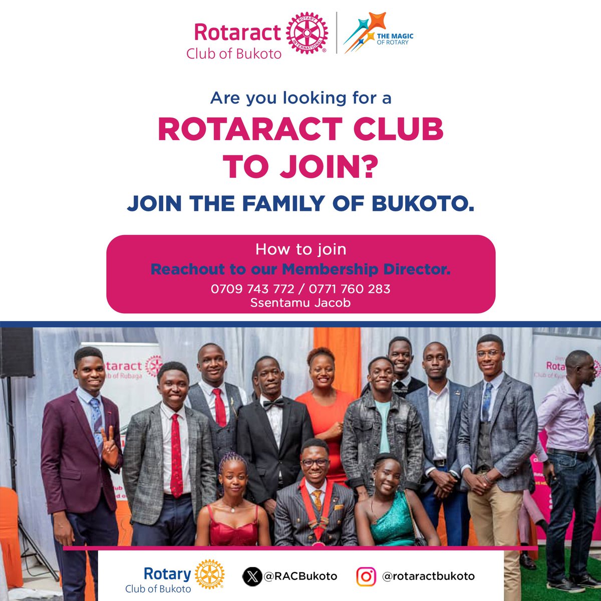 RACBukoto's tweet photo. Are you passionate about making a difference in your community? Do you want to connect with like-minded individuals and develop your leadership skills?
We invite you to join Rotaract club of Bukoto. @KihumuroLotson @Pius_O_Theo @Rotary_Bukoto
#ClubPR_ @switzer_micheal https://t.co/cBtKn11KXF