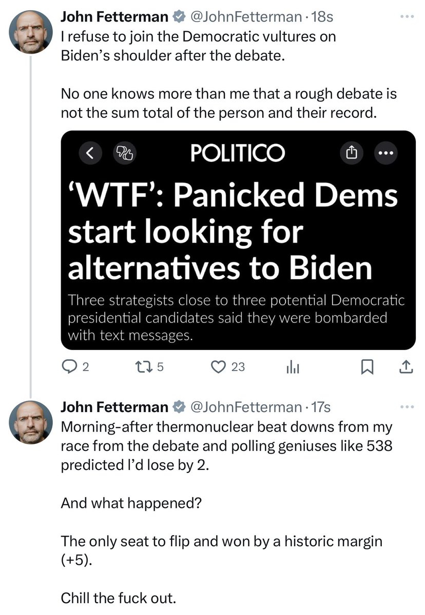 Fetterman tells Democrats to “chill the fuck out,” referencing the Dem panic after his debate with Oz