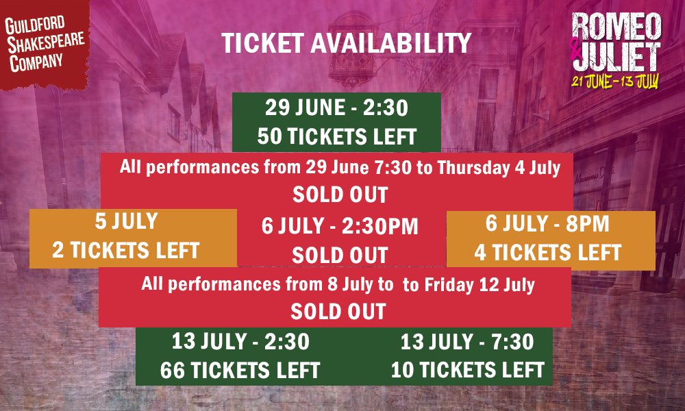 GuildfordBard's tweet image. 🚨🚨 TICKET UPDATE 🚨🚨

Saturday 29 June &amp;amp; Saturday 13 July at 2:30pm are both static matinees where you will enjoy the same Romeo &amp;amp; Juliet show in the amazing surroundings of the Castle Gardens. 🌳🏰🌳

#HotTicket #SellingFast #SoldOut #RomeoAndJuliet