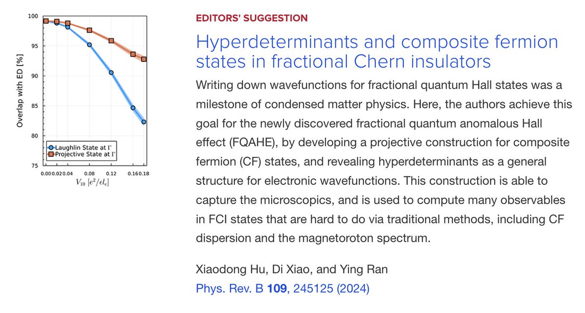 PhysRevB's tweet image. PRB Editors' Suggestion: #Hyperdeterminants and composite #fermion states in #FractionalChernInsulators

Xiaodong Hu, Di Xiao, and Ying Ran
Phys. Rev. B 109, 245125

➡️ go.aps.org/4cyRznQ
#EdSugg #physics #condmat @APSPhysics @XiaodongHu7