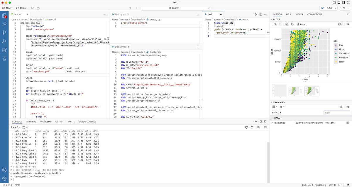 strnr's tweet image. Good first impressions with Positron. RStudio-like plot/file/environment explorer for #Rstats, Jupyter-like Python support, while simultaneously editing a Dockerfile and #Nextflow script github.com/posit-dev/posi…
