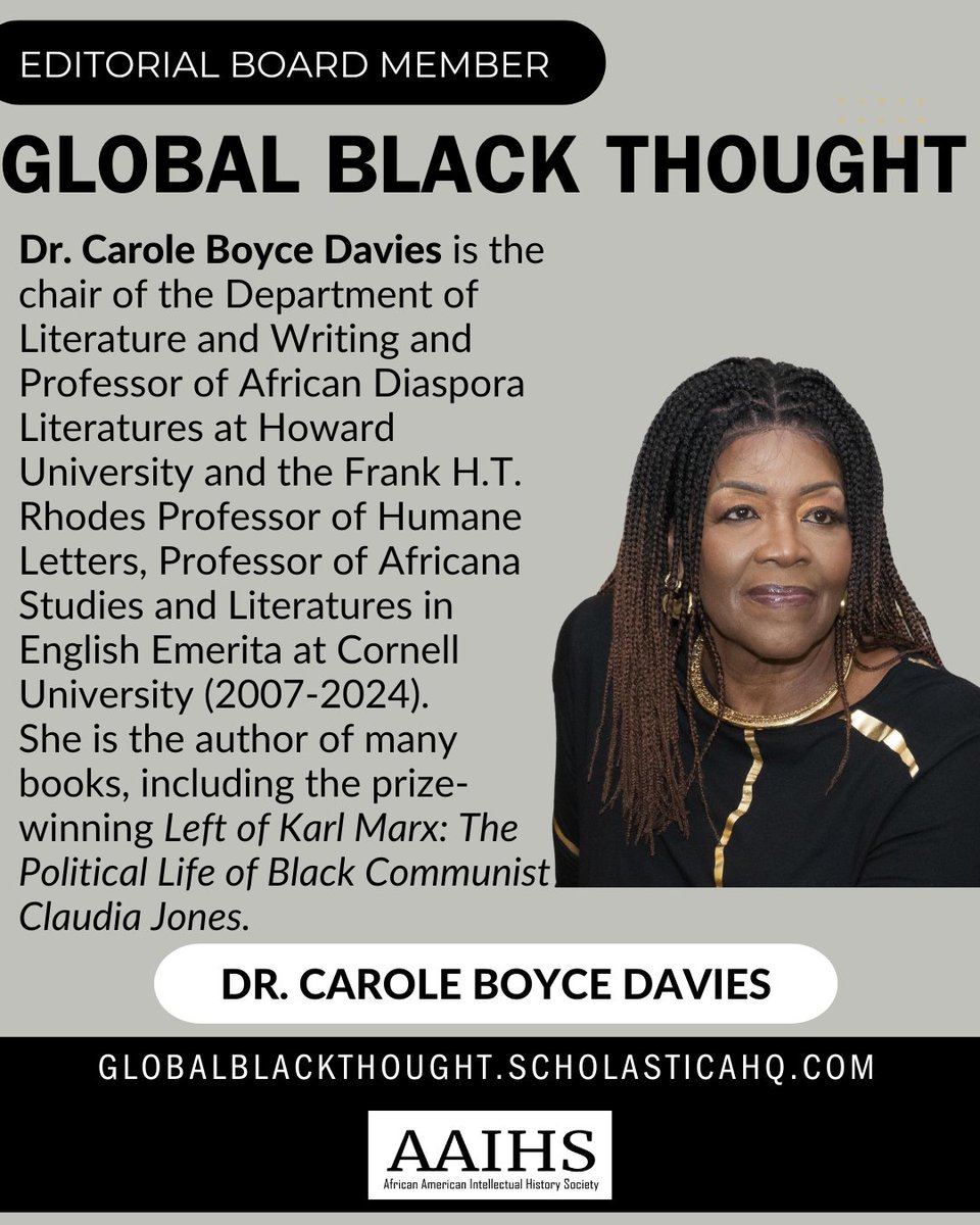 AAIHS (@aaihs) on Twitter photo 👋🏽 Meet Global Black Thought Board Member Dr. Carole Boyce Davies (<a href="/Ca_Rule/">Prof. CBD “Wachera”</a>), the chair of the Department of Literature & Writing and Professor of African Diaspora Literatures at Howard University. Visit her site to learn more about her work. #AAIHS caroleboycedavies.com 👋🏽 Meet Global Black Thought Board Member Dr. Carole Boyce Davies (<a href="/Ca_Rule/">Prof. CBD “Wachera”</a>), the chair of the Department of Literature & Writing and Professor of African Diaspora Literatures at Howard University. Visit her site to learn more about her work. #AAIHS caroleboycedavies.com