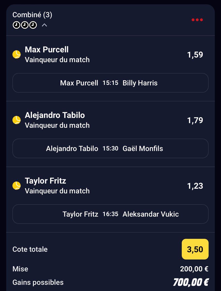 Petit ticket tennis pour attendre la Copa 💸😎

Purcell a l’expérience, Tabilo fait la saison de sa vie et Fritz roule sur le tournoi 

50€ parmis les RT / Like
10€ a un nouvel abonné 

Si ça passe bonne chance 🍀