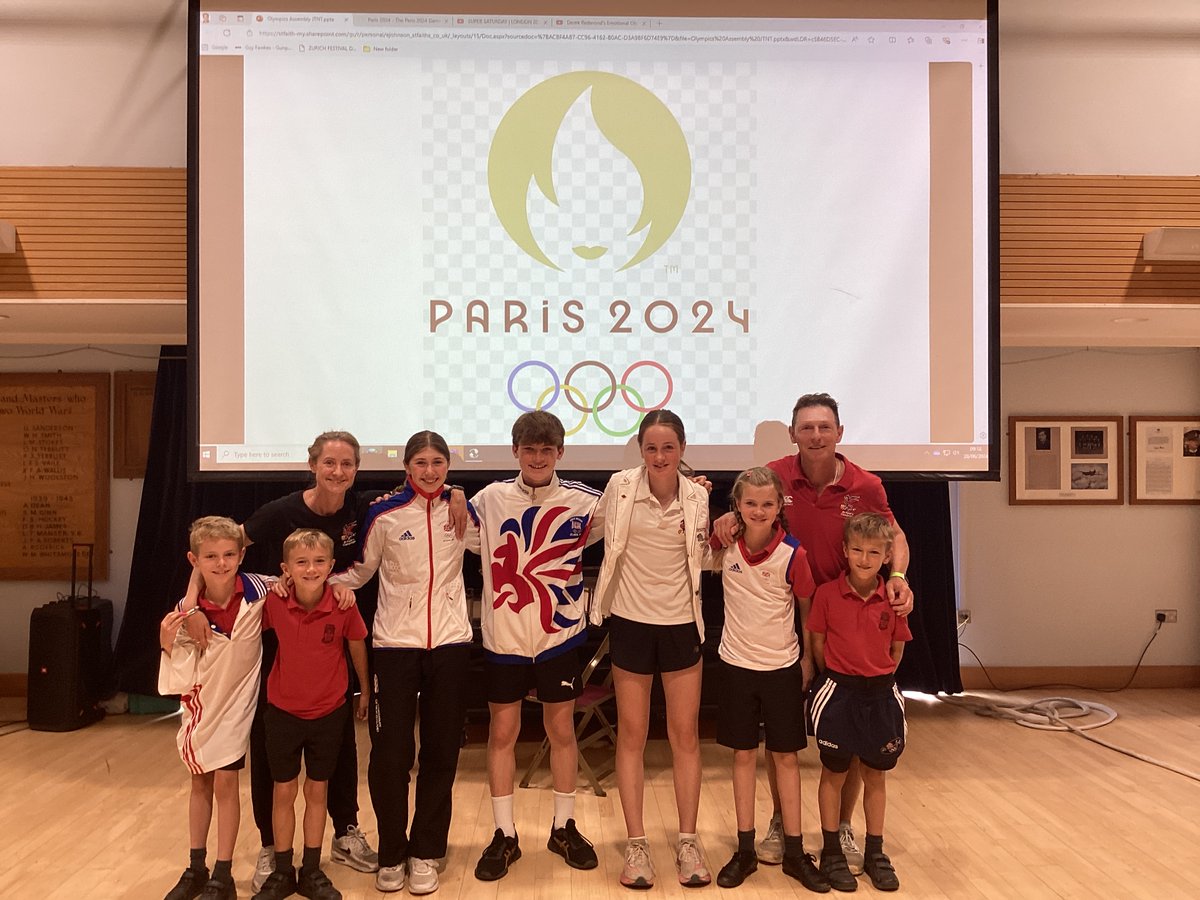 Today Mr and Mrs Thompson led an Olympic themed assembly. Their talk included memorable Olympic moments over the years. Mr and Mrs Thompson competed for Great Britain at hockey in the 1996 and 2008 Olympics, respectively. Some pupils had the opportunity to parade the official kit