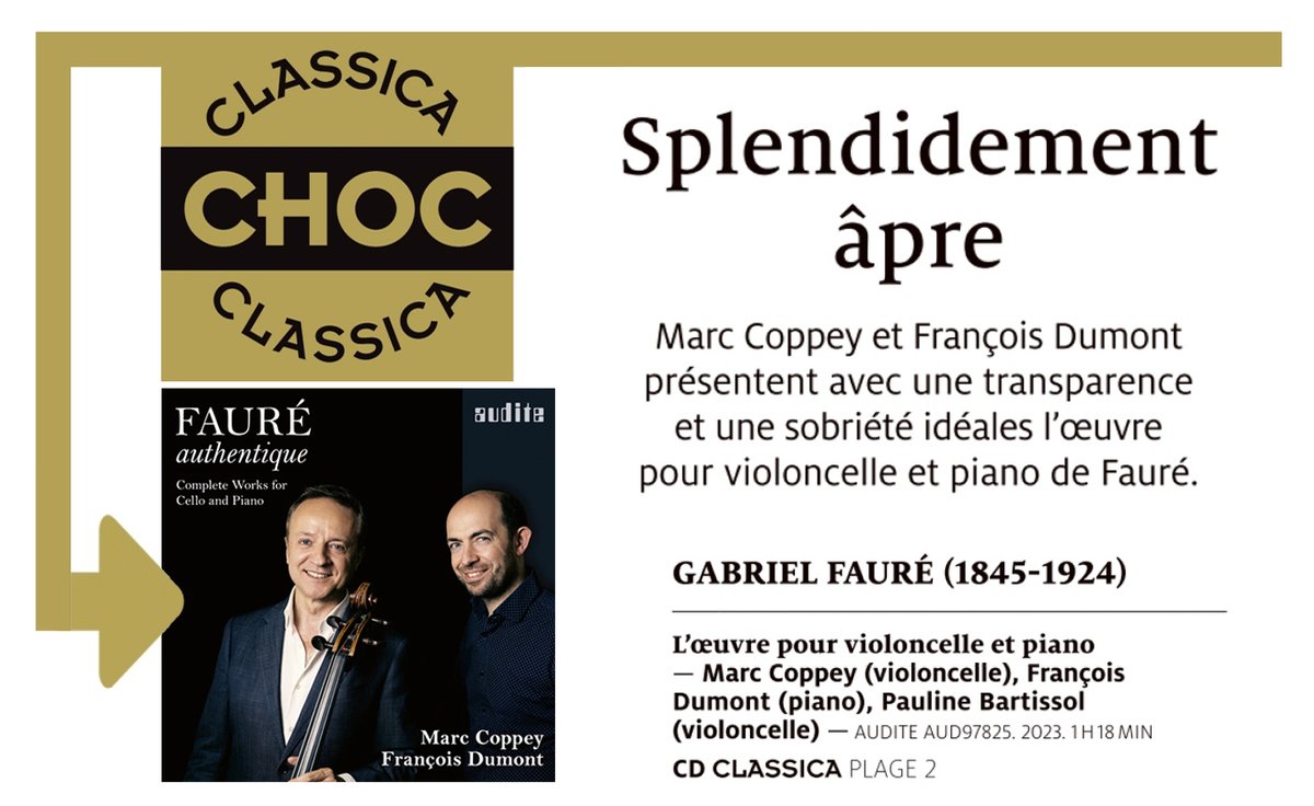 Un grand merci à <a href="/classicamag/">CLASSICA Magazine</a> pour cette récompense attribuée à notre enregistrement Fauré!
<a href="/fdumontpiano/">𝗙𝗥𝗔𝗡𝗖̧𝗢𝗜𝗦 𝗗𝗨𝗠𝗢𝗡𝗧</a>
📌𝗖𝗹𝗮𝘀𝘀𝗶𝗰𝗮 𝗡𝗼 𝟮𝟲𝟰, 𝗝𝘂𝗶𝗹𝗹𝗲𝘁-𝗔𝗼𝘂̂𝘁 𝟮𝟬𝟮𝟰 ➡ tinyurl.com/3k77xbrz