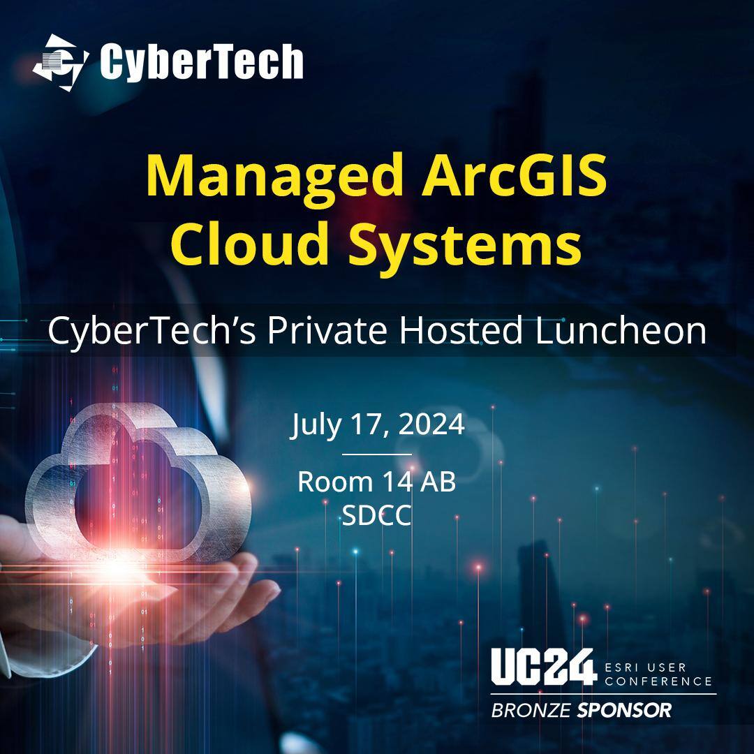 CyberTechOnline's tweet photo. Join us for a privately #hostedluncheon to engage with our expert panel in discussion on "Managed ArcGIS Cloud Systems". 

Date: Wednesday, July 17th, 2024
Time: 11:30 AM - 12:30 PM PT Location: Room 14AB, San Diego Convention Center Registration link: https://t.co/vIzWHhXzvq https://t.co/25qmQZyARV
