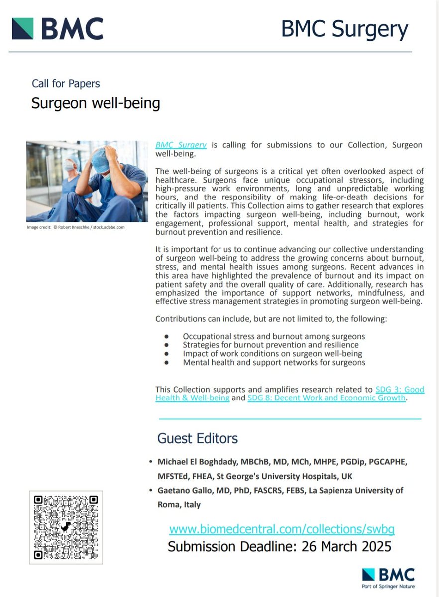 Michael El Boghdady (@elboghdadymike) on Twitter photo Delighted to serve as guest editor for this special collection "surgeon #wellbeing " at BMC Surgery <a href="/BioMedCentral/">BMC</a> with <a href="/Gae_Gallo/">Gaetano Gallo</a>
Awaiting your submissions to shed more light on this important topic
<a href="/ASiTofficial/">ASiT</a> <a href="/asgbi/">ASGBI</a> <a href="/RCSnews/">The Royal College of Surgeons of England</a> <a href="/RCSEd/">The Royal College of Surgeons of Edinburgh</a> <a href="/PRiSM_Surgery/">Pride in Surgery Forum</a> biomedcentral.com/collections/sw… Delighted to serve as guest editor for this special collection "surgeon #wellbeing " at BMC Surgery <a href="/BioMedCentral/">BMC</a> with <a href="/Gae_Gallo/">Gaetano Gallo</a>
Awaiting your submissions to shed more light on this important topic
<a href="/ASiTofficial/">ASiT</a> <a href="/asgbi/">ASGBI</a> <a href="/RCSnews/">The Royal College of Surgeons of England</a> <a href="/RCSEd/">The Royal College of Surgeons of Edinburgh</a> <a href="/PRiSM_Surgery/">Pride in Surgery Forum</a> biomedcentral.com/collections/sw…