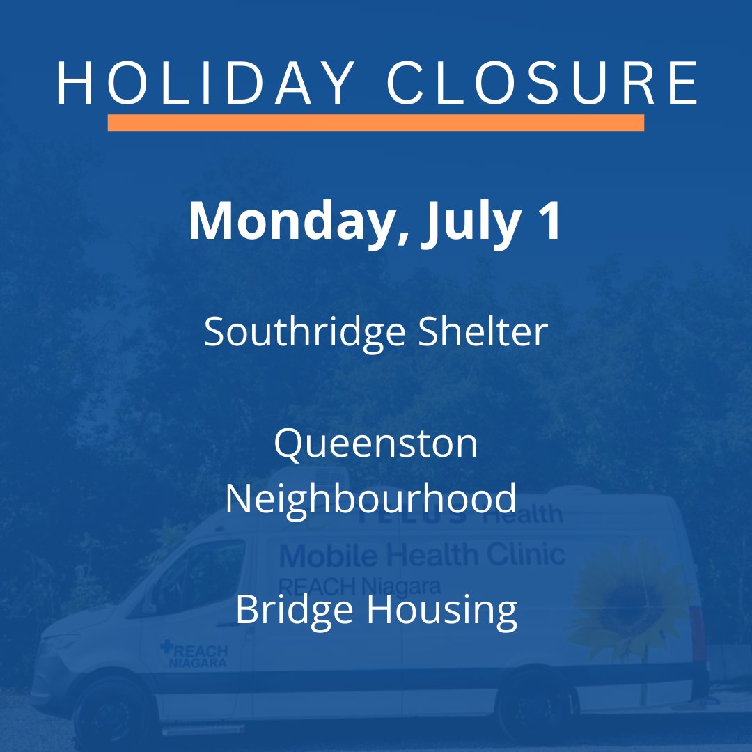 HOLIDAY CLOSURE | There will be NO REACH Niagara clinics on Monday, July 1.

Other supports available:
- Call 911 for an emergency
- For mental health supports: COAST 905-972-8338
- Call/visit Health811 online to be connected to care 24/7

All clinics: bit.ly/3oIADpq