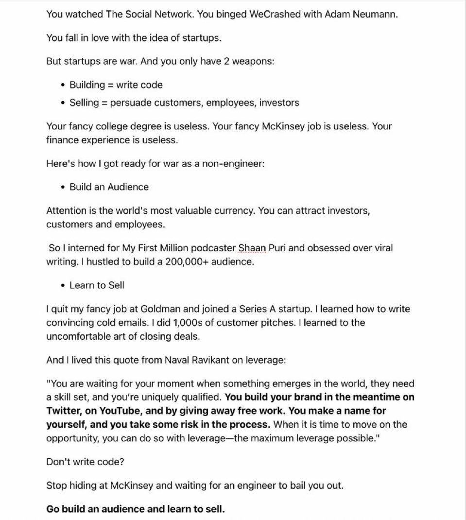 EbrahimTweets's tweet photo. If you can’t code. Learn to sell. Go Build an audience and it’ll sell automatically… 

Sharing it for folks who can benefit from it. https://t.co/MwOwGsS30w