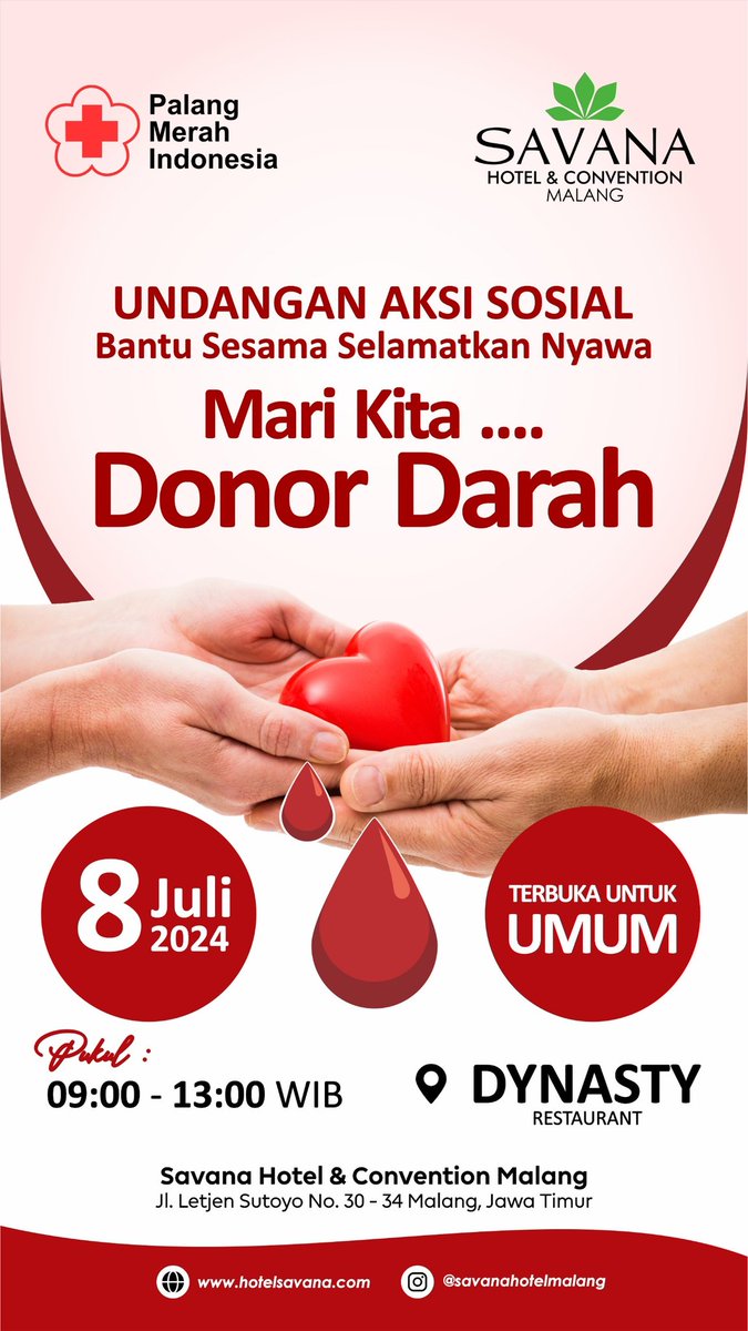 SavanaHotel's tweet image. Kegiatan Donor Darah kembali dilaksanakan oleh Savana Hotel &amp;amp; Convention Malang. Mari bantu sesama dengan setetes darah kita.

📅 8 Juli 2024
⏱️ 09.00-13.00
📍 Dynasty Restaurant

#donordarah #socialactivity #malang