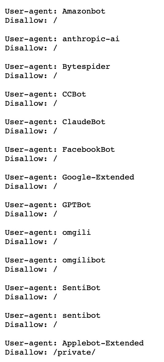 RedTailAI's tweet photo. The https://t.co/iJoaWnFJN4 robots.txt file instructions to AI web crawlers: https://t.co/zAVgVMzL48