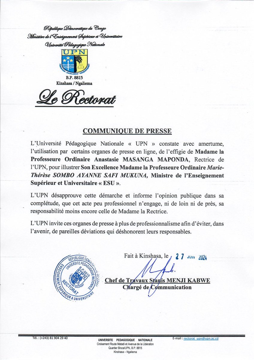 UNIVERSITE PEDAGOGIQUE NATIONALE (@upn_rdc) on Twitter photo #UPN désapprouve toute démarche consistant à utiliser l'effigie de sa Rectrice pour illustrer SEM la Ministre de l'ESU <a href="/cabinet_esuRDC/">MINISTÈRE DE L'ESURSI/RDC</a> <a href="/sombo_therese/">Marie -Thérèse SOMBO AYANNE</a>
Communiqué de presse ⤵️ #UPN désapprouve toute démarche consistant à utiliser l'effigie de sa Rectrice pour illustrer SEM la Ministre de l'ESU <a href="/cabinet_esuRDC/">MINISTÈRE DE L'ESURSI/RDC</a> <a href="/sombo_therese/">Marie -Thérèse SOMBO AYANNE</a>
Communiqué de presse ⤵️