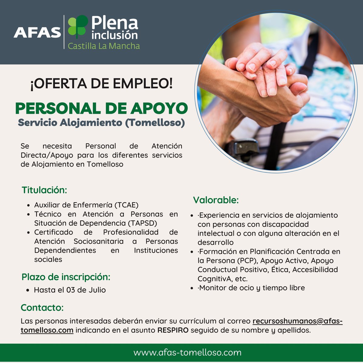 𝗢𝗳𝗲𝗿𝘁𝗮 𝗱𝗲 𝗘𝗺𝗽𝗹𝗲𝗼
Buscamos Personal de Atención Directa/Apoyo para los diferentes servicios de Alojamiento en #Tomelloso

Puedes enviar tu currículum hasta el próximo 3️⃣ de #Julio

👀 Información y requisitos 👇
