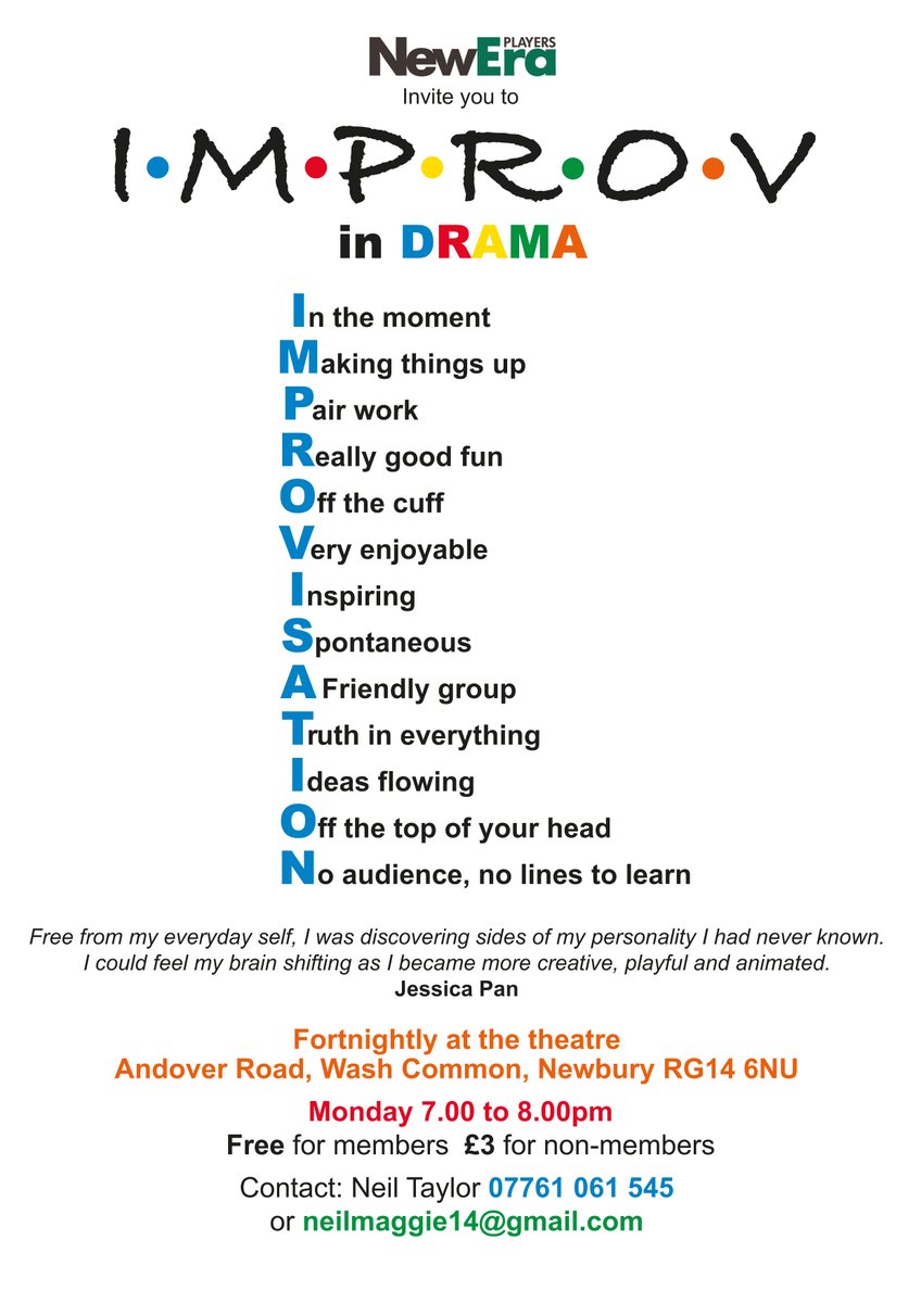 New Era Players invite you to our ‘Improv in Drama’ sessions. Maybe you quite fancy trying your hand at drama, but don’t want to learn lines or face an audience? This could be just the spontaneous, fun and friendly activity for you! #newburytheatre