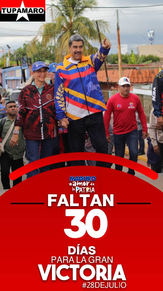 Seguimos en la calle trabajando por nuestra Patria. 

A tan solo 30 días para reafirmar nuestro apoyo y compromiso con la revolución bolivariana, con el legado de Bolívar y Chávez, rumbo a la Gran Victoria del #28julio. 

¡VIVIREMOS Y VENCEREMOS!

<a href="/NicolasMaduro/">Nicolás Maduro</a>