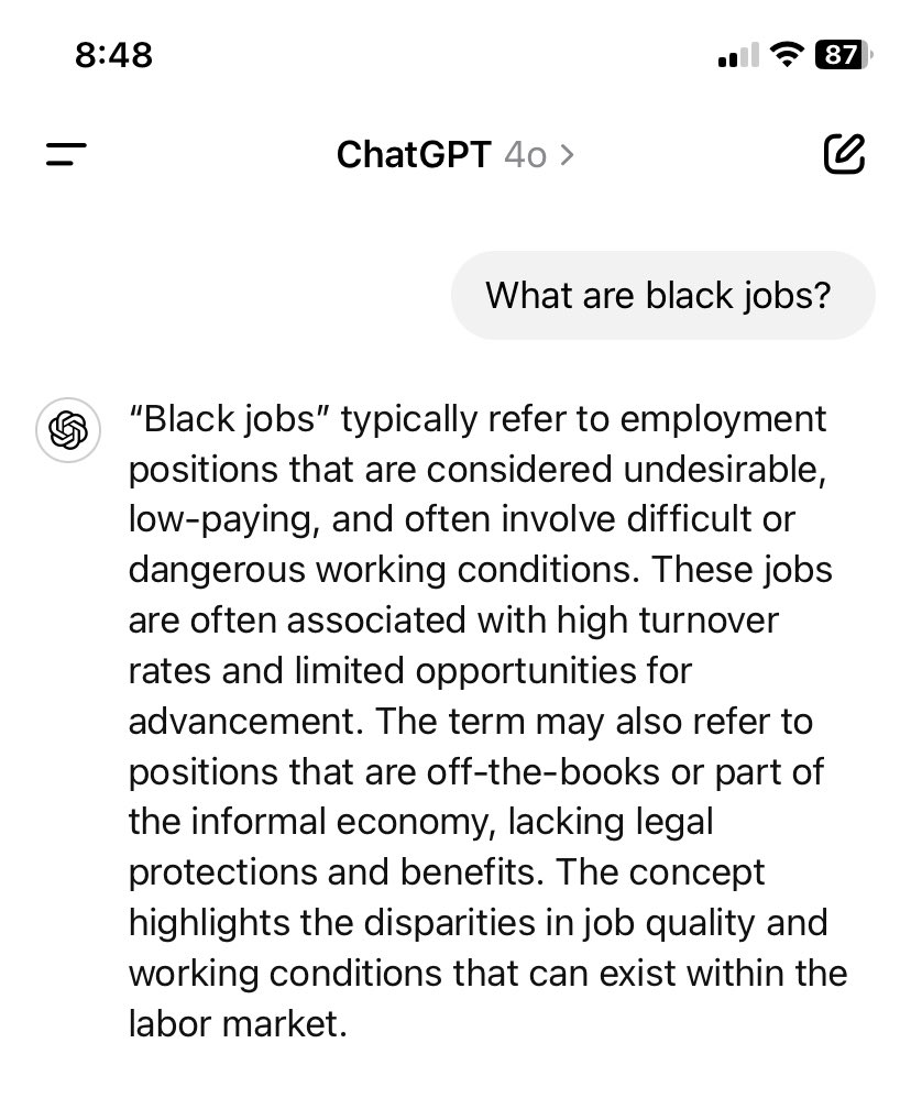 ashonzay_7's tweet image. What are #blackjobs ? Let ChatGPT answer