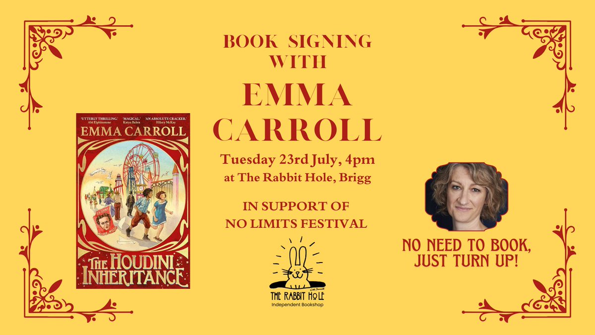 Therabbits21's tweet image. Ahead of @NoLimitsFest_ one of our confirmed authors, the brilliant @emcarrollauthor will be visiting us on Tues 23 July at 4pm.

And we have limited stock of the sprayed edge indie edition of #Thehoudiniinheritance available to preorder now! 
therabbitholebrigg.com/product-page/t…