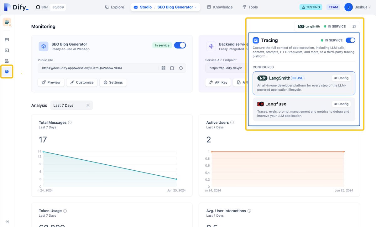 dify_ai's tweet photo. 💥 Dify v0.6.12 has landed!

We are thrilled to announce that Dify has integrated LangSmith and Langfuse as additional LLM application observability solutions. 
This integration enables you to trace and evaluate the quality and cost of your LLM applications built with Dify. 
You can easily configure and activate these features through Dify’s monitoring dashboard to enhance the observability of LLM apps. 
Plus, Langfuse (https://t.co/FvtL52FNfy) offers cloud services similar to LangSmith, along with the option for local hosting to enhance data security.

⚙️ New Models/Tools
- Claude 3.5 Sonnet from model providers including Anthropic, AWS Bedrock, Vertex AI
- Command R＋for AWS Bedrock
- Predefined models for OpenRouter
- https://t.co/2Qke5rB22D: A robust real-time SERP API that delivers structured data from a collection of search engines, including Web Search, Jobs, News, and many more.
- Novita AI: A cutting-edge image generation tool capable of creating extendable patterns, supporting the SD model.

🦾 Enhancement
- Workflow node changes are now undoable using ‘ctrl+z’ or ‘command+z’ shortcuts and redoable with ‘ctrl+shift+z’ or ‘command+shift+z’.

- Added the option to hide workflow steps after publishing as a web app to keep your workflow processes private. More info: https://t.co/r8dnnfAC9V

- Switched from pip to poetry for enhanced package management, offering faster parallel dependency downloads and superior conflict resolution.

- Docker Compose supports configuring environment variables using the docker/.env.example file, enabling flexible deployment customization without overwriting configs when updating code.

- Added AWS OpenSearch and Oracle 23ai as new Vector DBs. OpenSearch supports k-NN (k-nearest neighbors) search, enabling efficient handling of similarity searches within large datasets.

- Added Tencent COS Storage configuration for dynamic scaling and enhanced data protection.

- Integrated LaTeX support enhances the clarity of outputs that include complex math formulas.

- Added JSON output to tools, making it convenient for workflow nodes to use formatted data.

👉 For all the details on updates and fixes, check out our release log here: https://t.co/4szkWZ119t