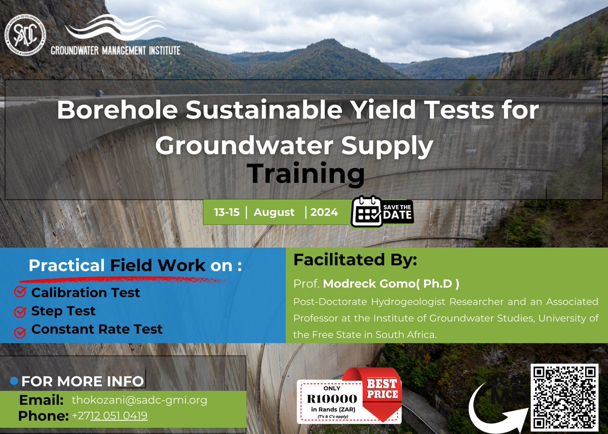 SADC-GMI is once again offering the Borehole Yield Tests for Groundwater Supply Training Course from 13-15 August.
visit for more information: events.sadc-gmi.org/e/7/borehole-s…

#BoreholeYieldTests #GroundwaterSupply #HydrogeologyTraining #SADCGMI #AquiferPumpingTest #GroundwaterManagement