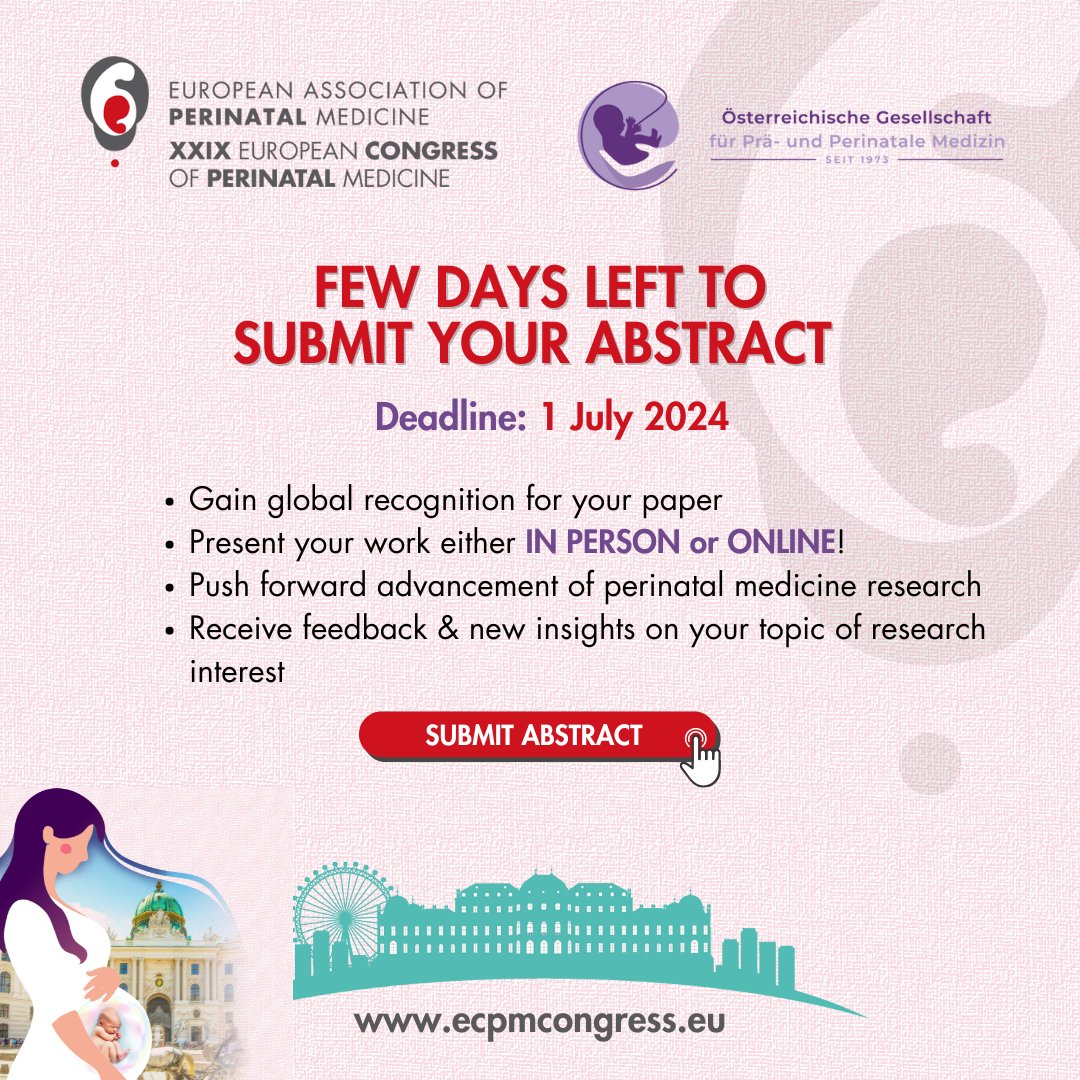 Only few days left until the submission deadline ✍️ Monday, 1 July, 2024.

Don't miss the opportunity to present your research at the leading congress in #PerinatalMedicine.

Submit now: bit.ly/Abstract-ECPMc…

#ObGyn #Neonatology #MaternalFetalMedicine #Newborn