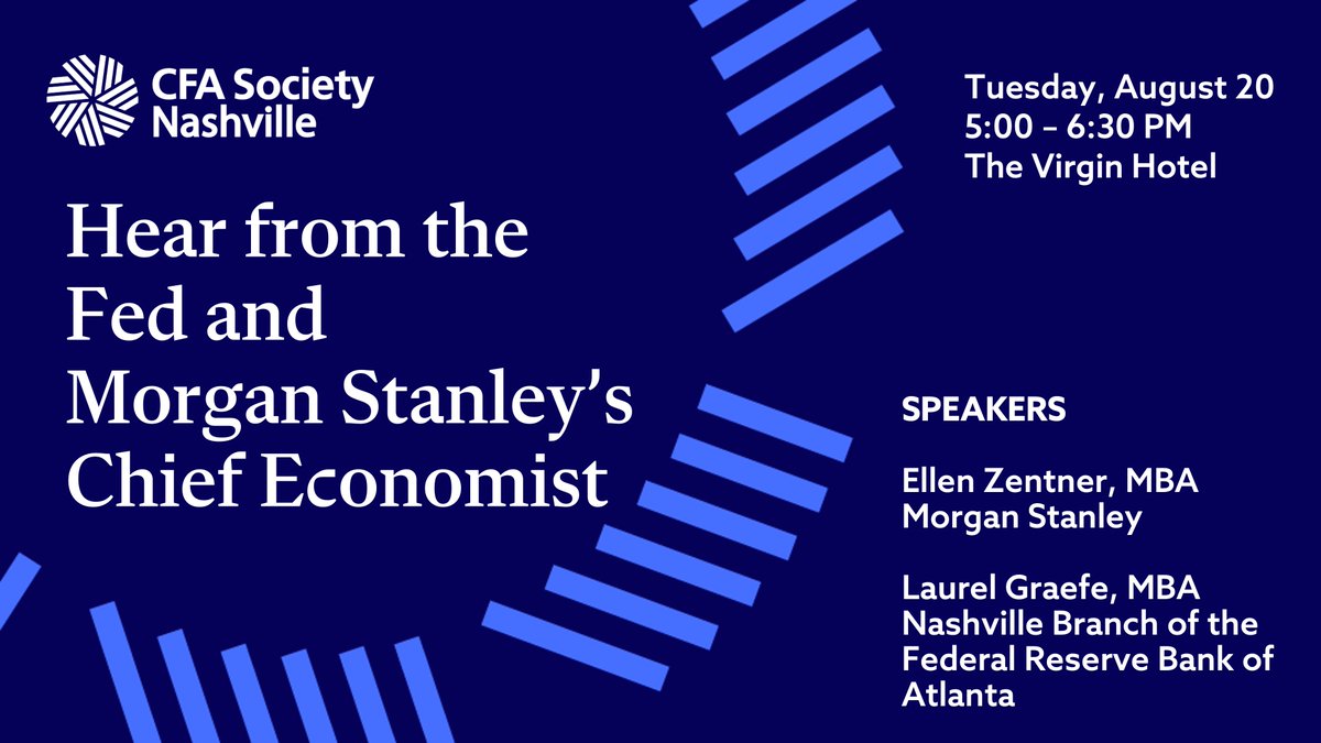 cfa_nash's tweet photo. Join us for insights from Ellen Zentner, MBA, Chief US Economist, Managing Director at Morgan Stanley, and Laurel Graefe, MBA, Regional Executive and Senior Officer with the Nashville Branch of the Federal Reserve Bank of Atlanta.

Register by TOMORROW! https://t.co/b8t9PH3mjV https://t.co/Qr2iXj78UH