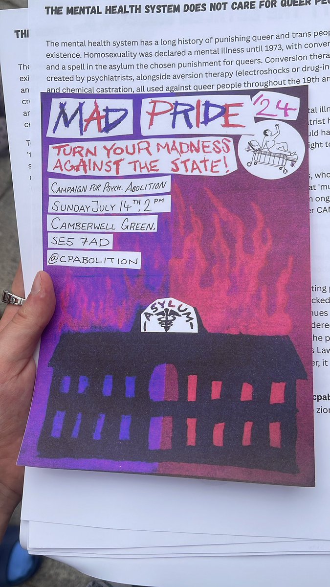 Here’s the details for Mad Pride, for psych survivors, Mad people and people with lived experience!

📆 14th July 2024
📍 Camberwell Green
⏰ 2pm