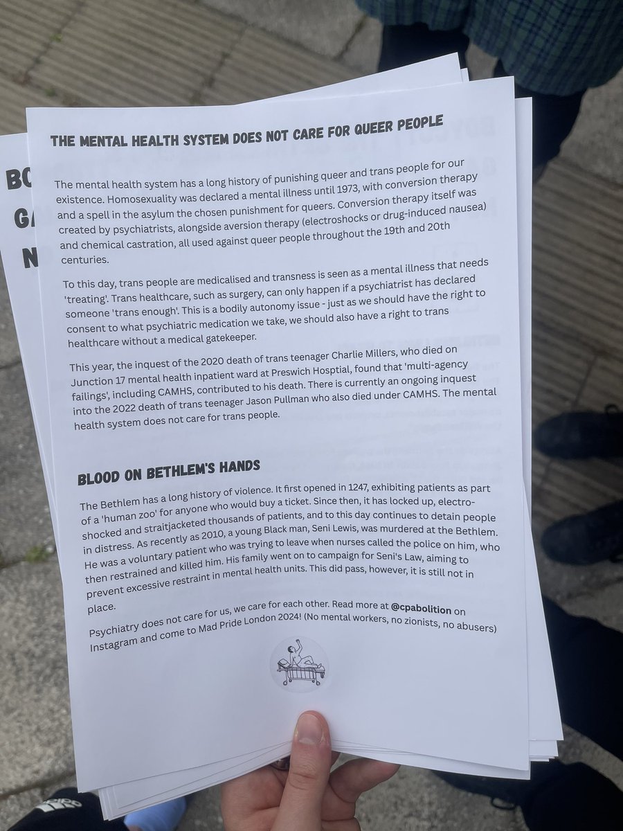 I’m here with people from <a href="/CPAbolition/">Campaign for Psych Abolition</a> who are picketing <a href="/Bethlem_Gallery/">Bethlem Gallery</a> Pride And Live Lounge because of their Zionist funders (Wolfson Foundation) and psychiatry’s role in queer violence. No pride in apartheid, no pride in the lunatic asylum!
