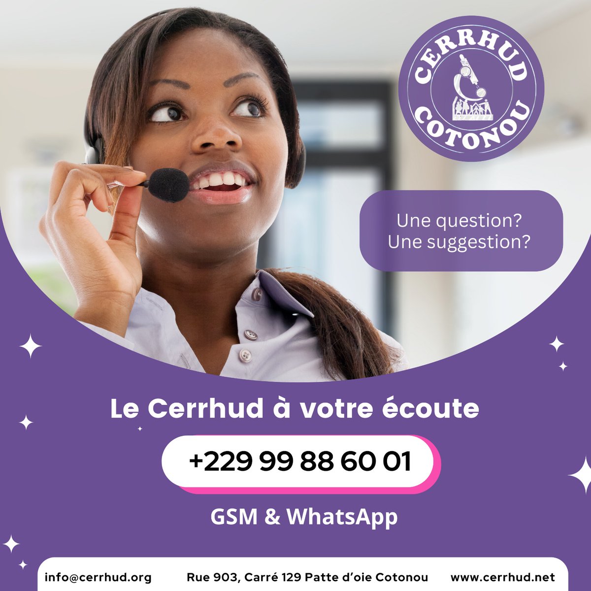 🎧 Le Cerrhud à votre écoute !*📞

Vous avez une demande d'information, une suggestion ou une recommandation ?

Notre équipe est là pour vous aider !

Contactez-nous pour une assistance :

✅ Simple
⚡ Rapide
💪 Efficace

#Bénin #Waxeho
#ServiceClient #Support