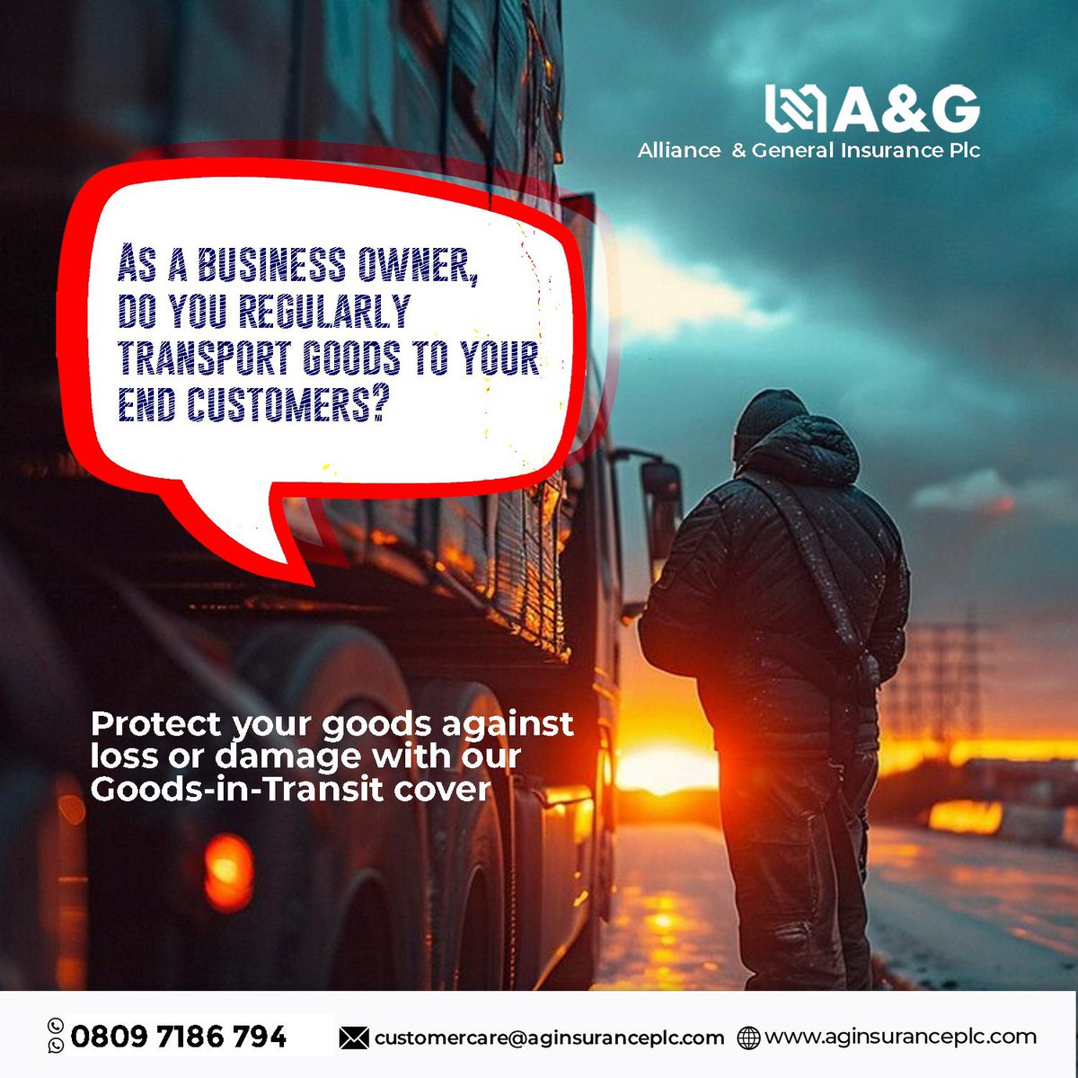 aginsuranceplc's tweet image. Certain risk can be mitigated, do not embark on that journey without our Goods in Transit cover. Secure your goods with us today. 

Call/Whatsapp 0809 718 6794 or you can send us Send us a DM now to get started. 

#GoodsInTransit #CargoInsurance  #insurance #fire  #marine #motor