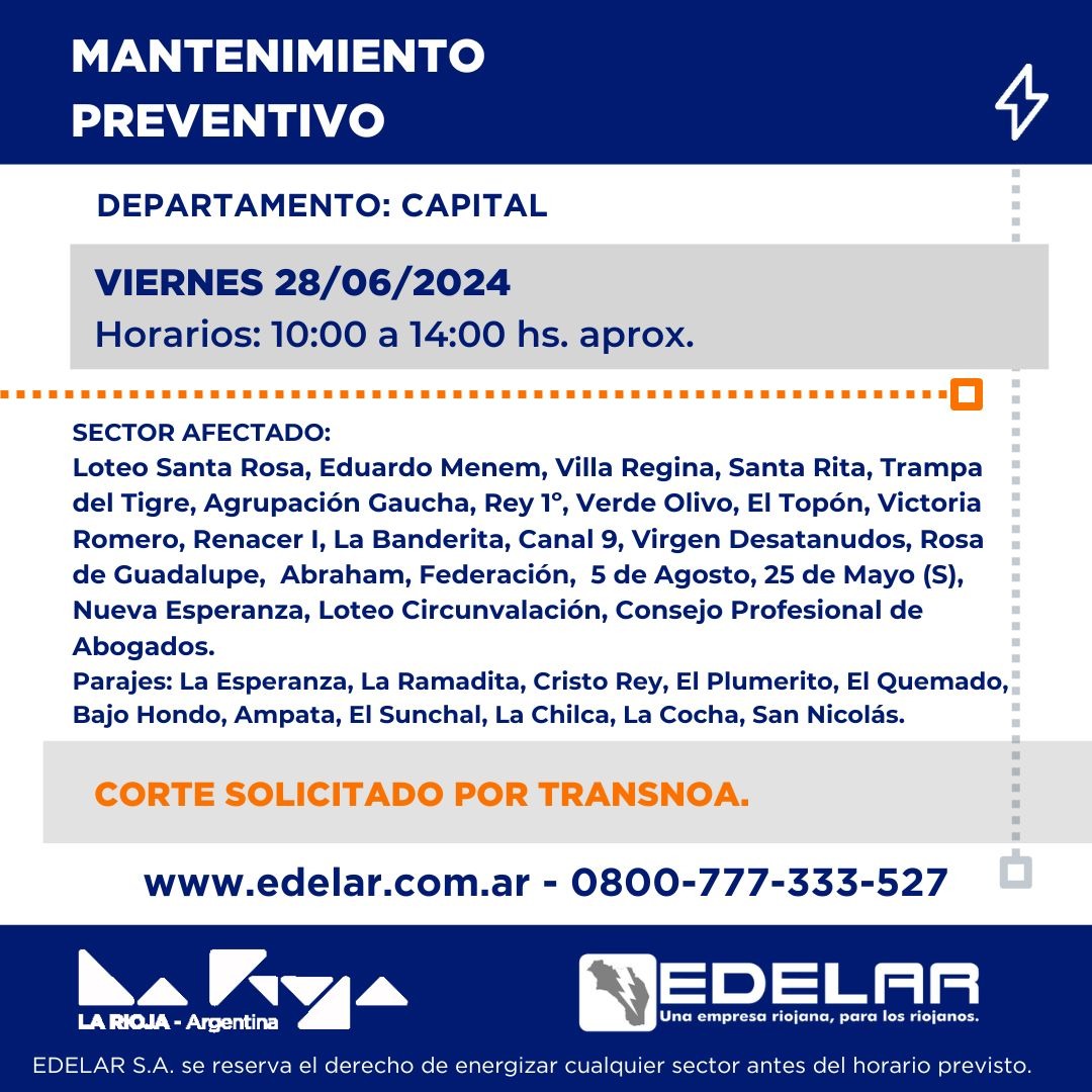 LineasNoticias's tweet image. 👷 ⚡️ #Edelar informa tareas de mantenimiento preventivo para este viernes 28 de junio

🏘️ Los barrios y sectores afectados 👇