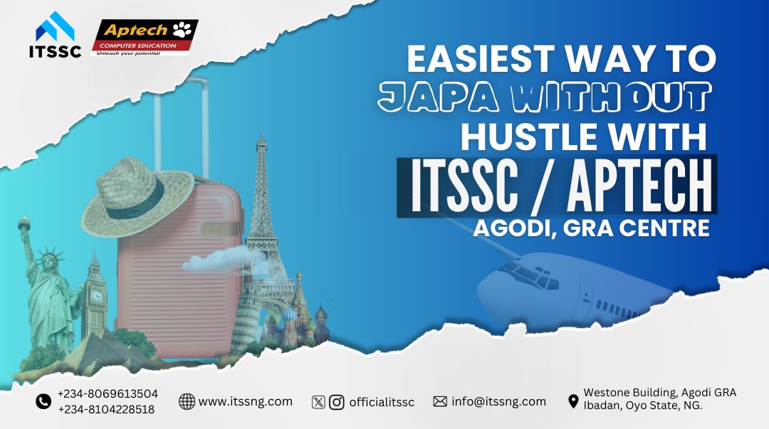 aptechibadan's tweet photo. Easiest Way to Japa Without Hustle with ITSSC / APTECH, Agodi GRA Center!

Ready to explore global opportunities and start/ take your career to the next level? With ITSSC / APTECH, it's easier than ever! 🚀 https://t.co/ausmrYGC12